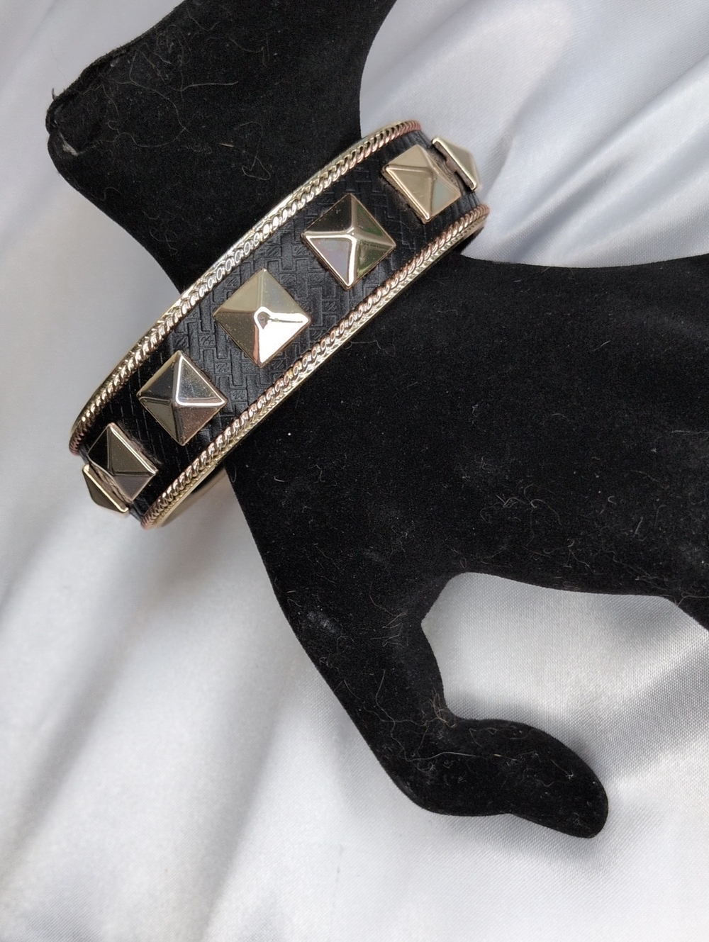 Gold Pyramid Studded Black Faux Leather Woven Open End Cuff Bracelet